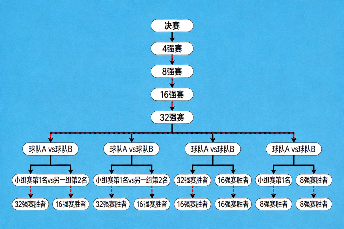 2026年国际足联世界杯完整淘汰赛对阵树状图，展示从32强赛到决赛的所有晋级路径